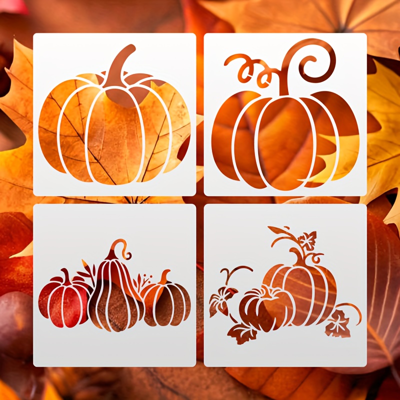 TEMU 4pcs Pumpkin Stencils, Halloween Stencils, Autumn Stencils, 6×6 Inches, Reusable And Washable Painting Stencils, Suitable For Painting, Frame,