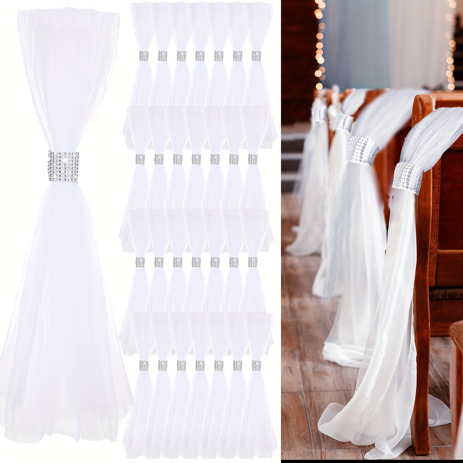 TEMU 36pcs Wedding Pew Bows Wedding Aisle Decorations Inch White Tulle Wedding Decor Chair Bows For Church Bridal Shower (silver) Party Favors