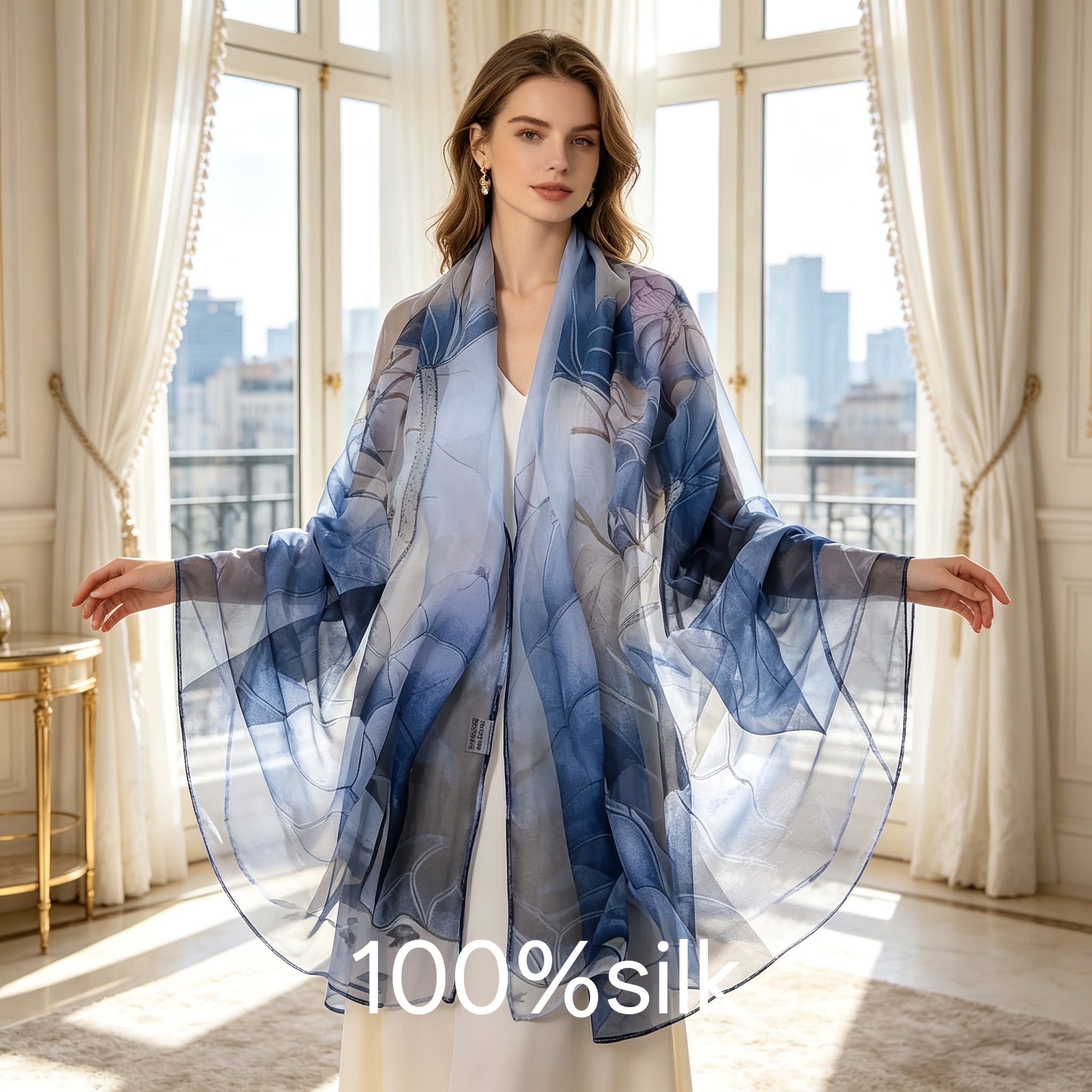 TEMU A Luxurious And Gorgeous Large Shawl With A Blue For Lotus Flower Pattern, A Versatile Scarf For Women To Wear On Occasions To Create An Look.