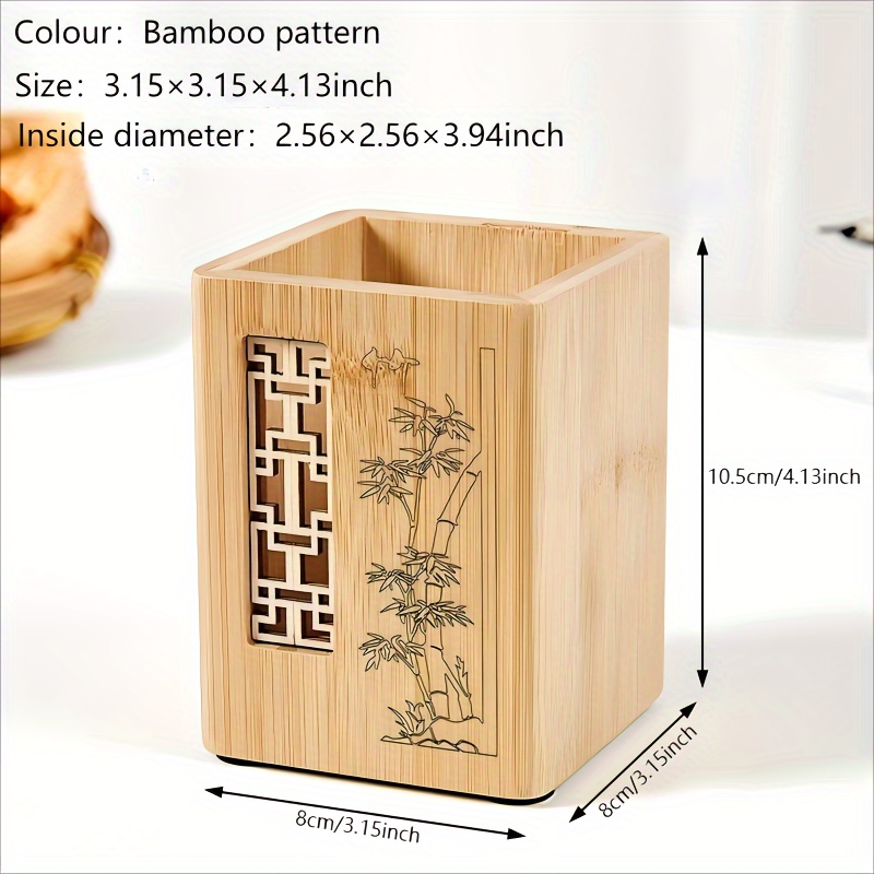 Image of High-quality Bamboo Pen Holder With Laser-cut Chinese Lattice Design, Compact And Lightweight Desk Organizer For Office Or Home Use, Polished Finish, 3.15" X 4.13", Cute Office Supplies
