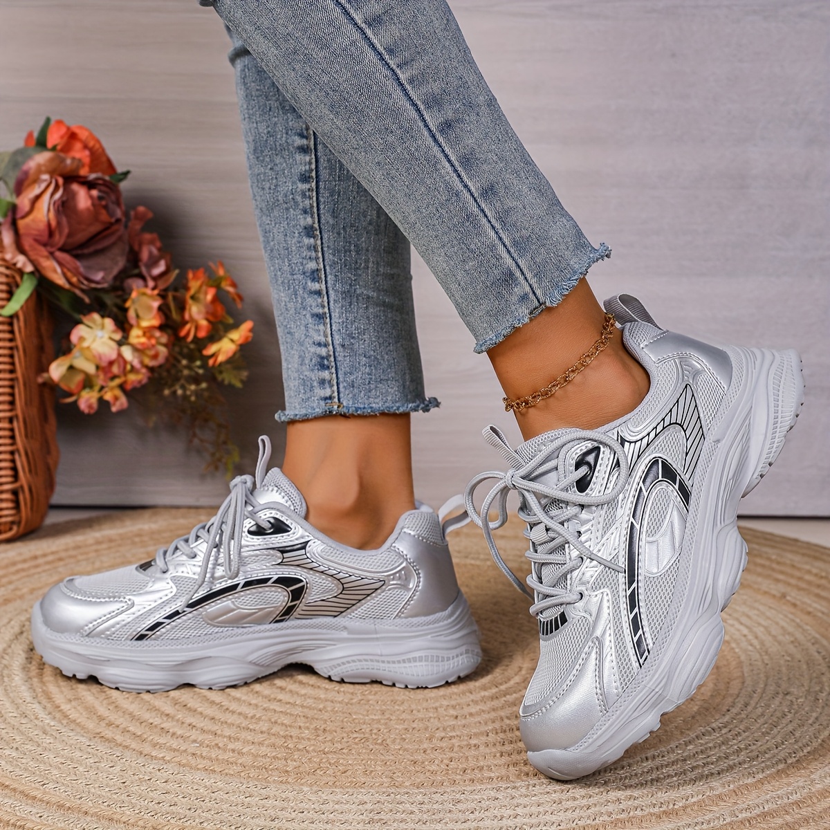 womens fashion sports shoes silvery gray metallic texture Temu