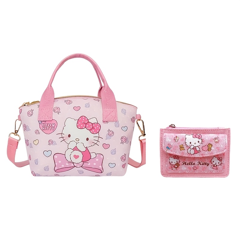 Image of 2pcs Hello Kitty Handbag Set - Pink Tote & Coin Purse With Detachable Strap, Kawaii -themed Crossbody Bag Suitable For, Travel, Daily Use, Matching Card Holder For, Cute Gift