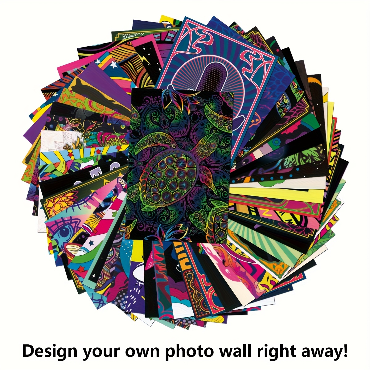 Image of 50pcs Retro Vintage Hippie Trippy Wall Collage Kit Aesthetic Pictures, Room Decor, Photo Wall, Aesthetic Posters, Trippy Wall Art Print, Trendy Small Posters For Dorm, Collage Kit