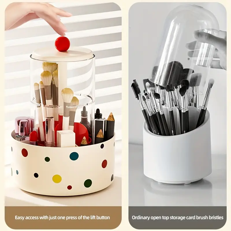 360 rotating makeup brush holder automatic lift spin dustproof countertop organizer lightweight plastic cosmetic storage box no power needed portable bathroom vanity organizer with independent counting makeup vanity desk design material Product details 4
