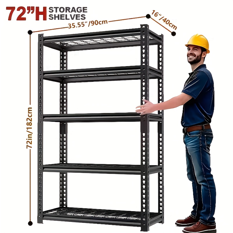 TEMU 122cm Breed 5-Laags Heavy-Duty Metalen Rek - Snelle Montage Zonder Schroeven, Versterkte Rekken Geschikt Voor Garage, Magazijn & Huisopslag -