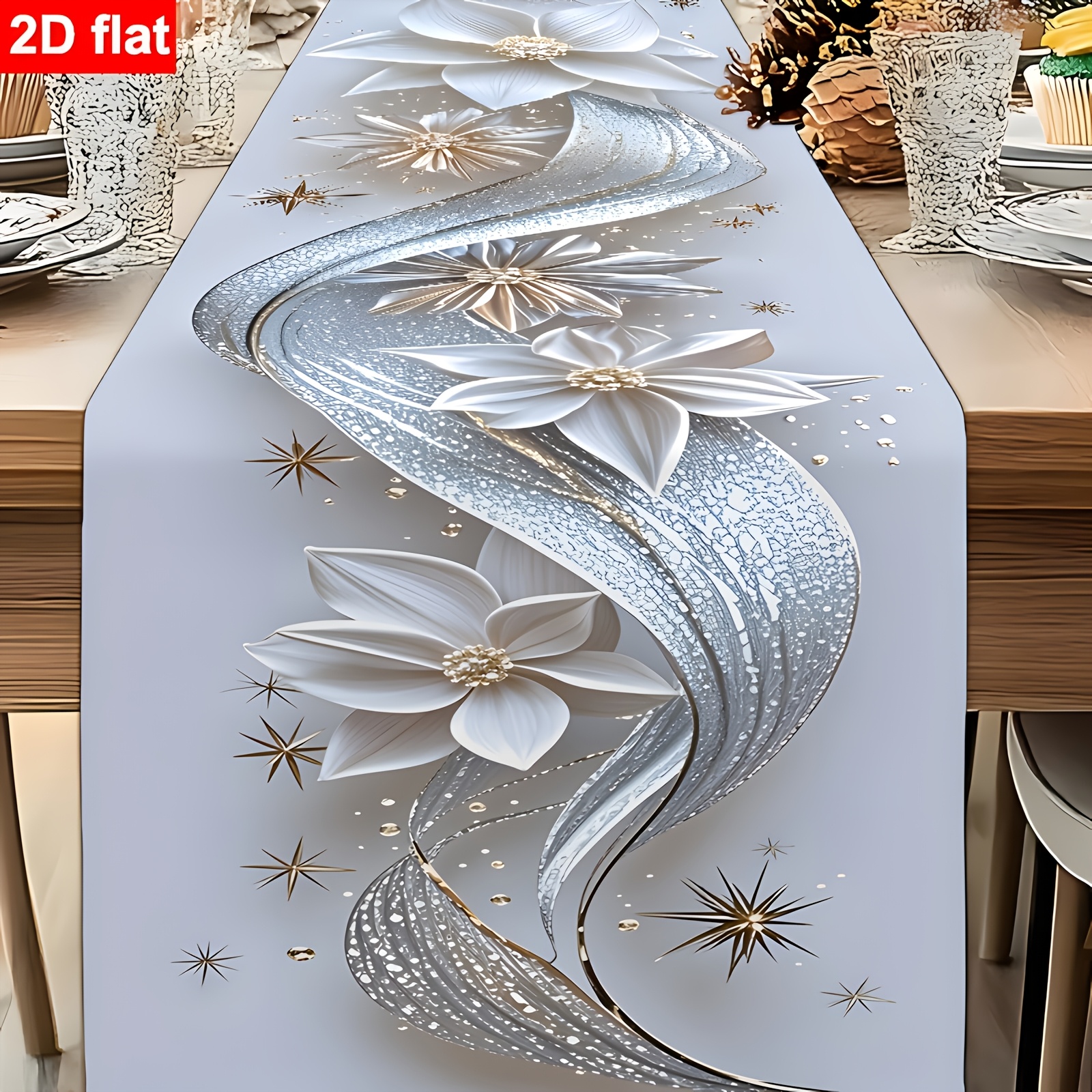 TEMU 1pc Christmas-themed Table Runner, Featuring Shimmering Silvery-white Flowers With Flowing Silvery , Complemented By Star Accents, Simple Yet