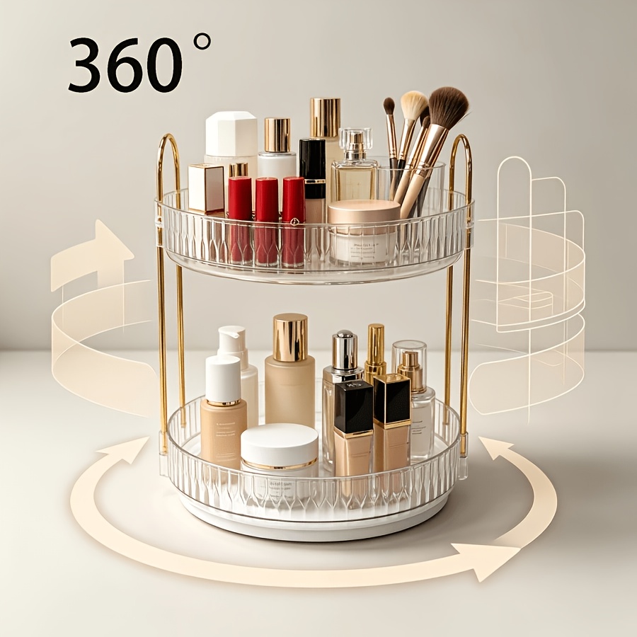 TEMU Rotatable Cosmetic Organizer With Transparent Ridged Lid And Light Luxury - 360° Spinning Tray, Large Capacity Double-layer Countertop Storage