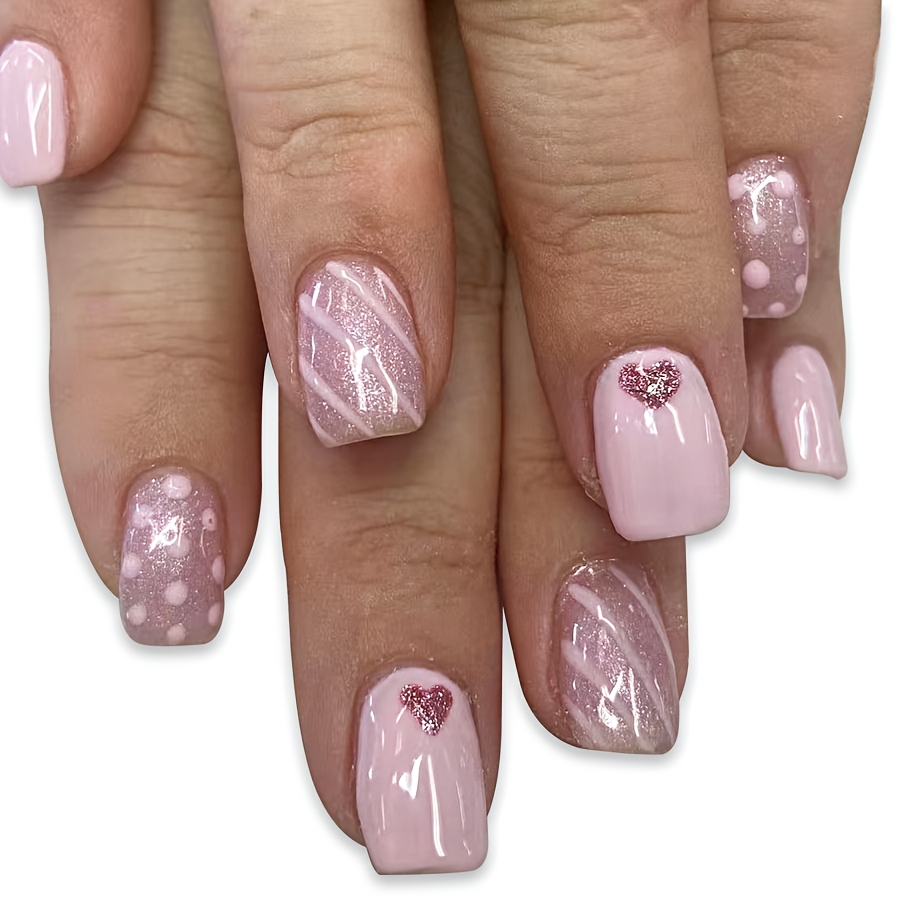Image of 24pcs Short Square Glossy Valentine's Day Nail Set, Series With Heart Polka Dot , Cute And Sweet Reusable Press-on Nails For Women And S
