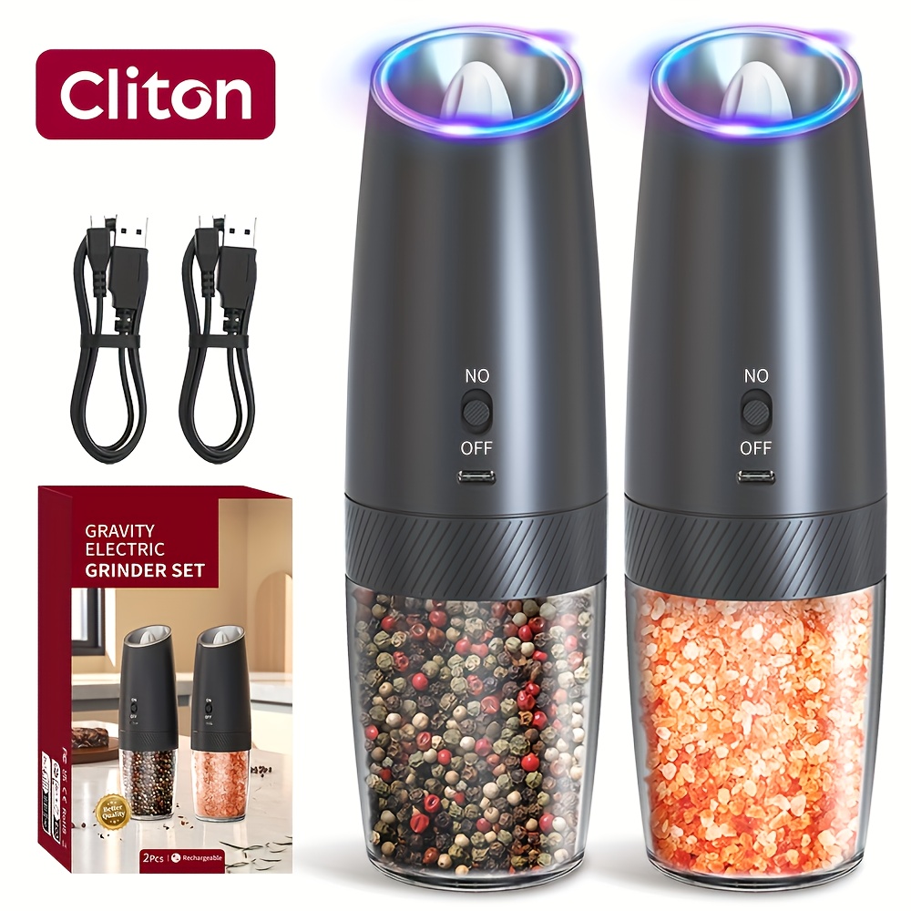 TEMU Cliton 1/2pcs Gravity-sensing Electric Salt And Pepper Grinder, Usb Rechargeable, Led Light, One-hand Operation, Adjustable Coarseness Grinding,