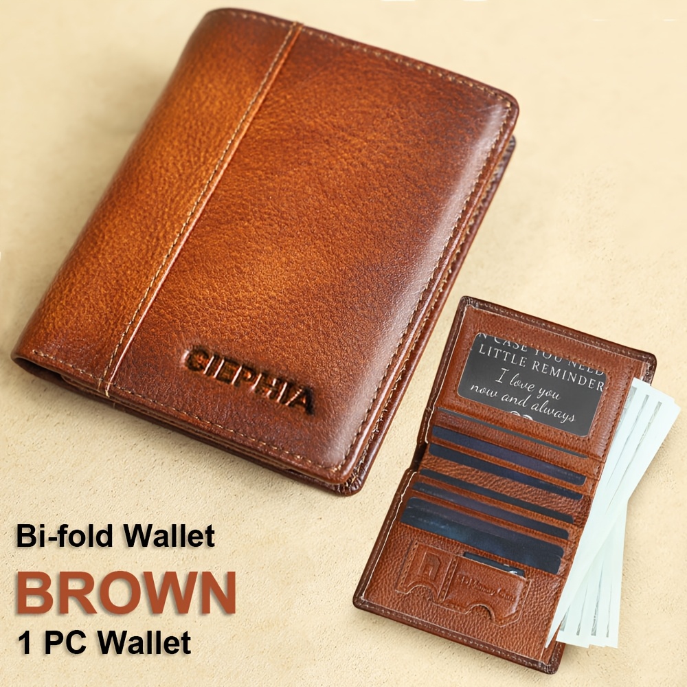 TEMU Men's Genuine Leather Folding Wallet With Id Window, Anti-theft Design, Made Of Top Layer, Featuring A Deep Cash Compartment And Multifunctional