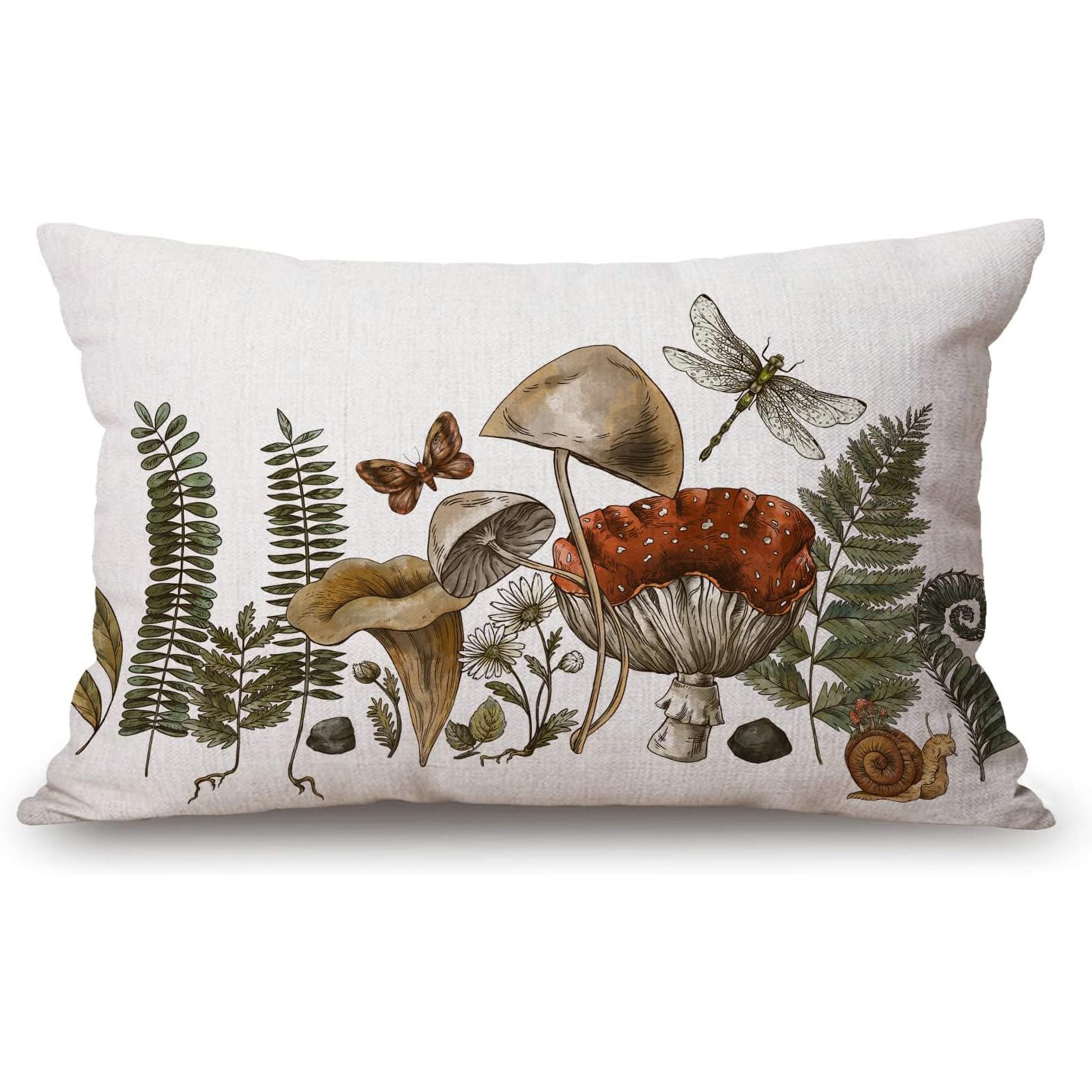 

1pc Linen Lumbar Throw Pillow Cover - Design With Mushrooms, Ferns & Dragonflies, 12x20 Inch, Decorative For Bedroom & Living Room, Zip Closure, Machine Washable (no Insert)