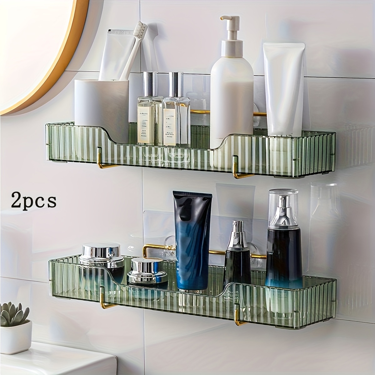 Image of 2pcs Set Of Self-adhesive Wall-mounted Punch-free Bathroom Shelves, Shower Organizer Rack, Toilet Storage Shelf, For Kitchen Spice Storage And Other Storage Decorations