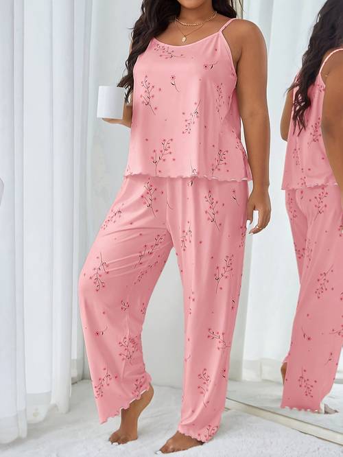 womens plus size cartoon sweet floral camisole and pants pajama set