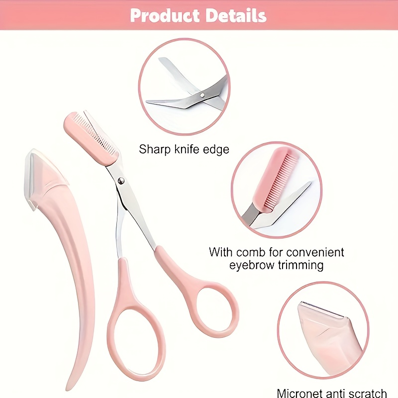 Tijeras de cejas con peine incorporado de acero inoxidable - Herramienta de belleza de precisión con mangos rosas, diseñada para uso tanto con la mano izquierda como con la derecha, adecuada para el cuidado profesional y doméstico, con una construcción de metal duradera para la modelado de las cejas
