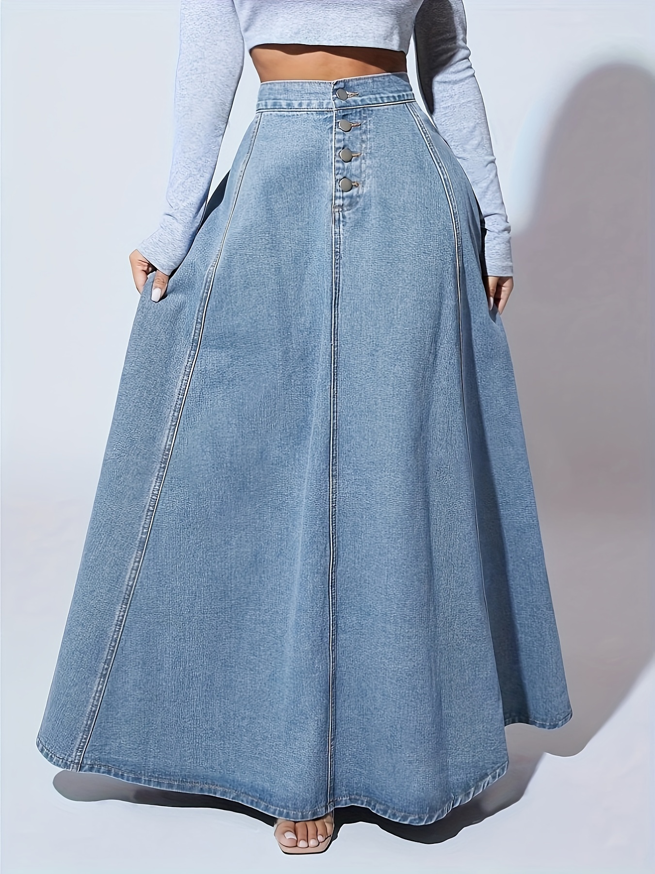 Plain Light Washed Blue Single-breasted Loose Fit Maxi Flare Denim Skirt, Women's Denim Jeans & Clothing
