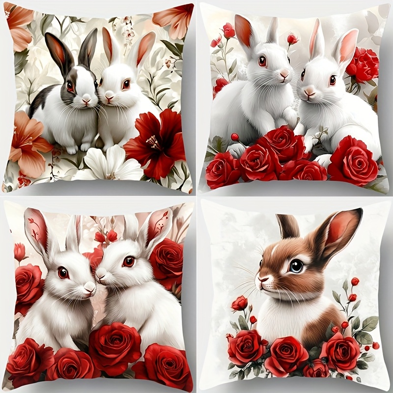 

4pcs Rabbit And Floral Print Pillow Covers, 17.72"x17.72" Polyester Zippered Cushion Cases, Machine Washable, Decorative Sofa Throw Pillowcases For Living Room - No Insert, Pillows For Couch