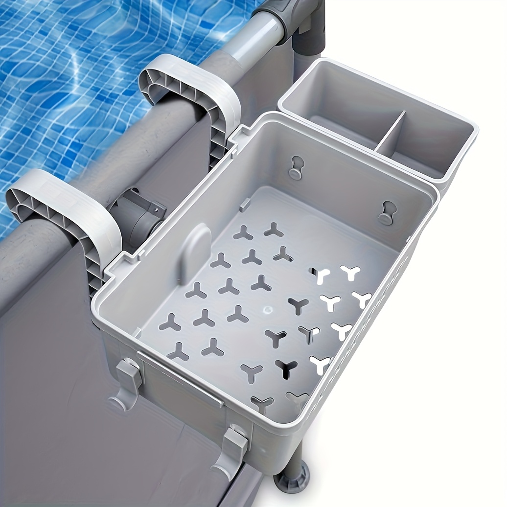 Poolside Storage For Above Ground Pool Accessories, Thickened Plastic Pool Basket With 2 Pool Cup Holder, Multifunctional Poolside Holder Fits For Most Frame Pools, Shelf Baskets