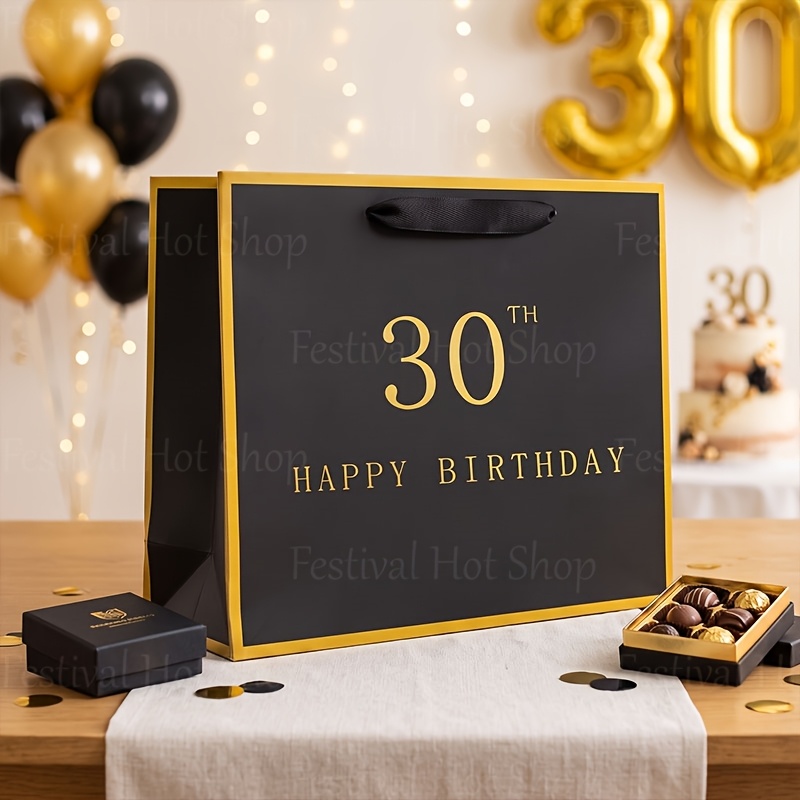 TEMU Gift For Her/him 1pc Elegant 30th Birthday Gift Bag Suitable For Birthday Gifts, Reusable Foldable -shaped Handle Shopping Bag With Carry Strap,