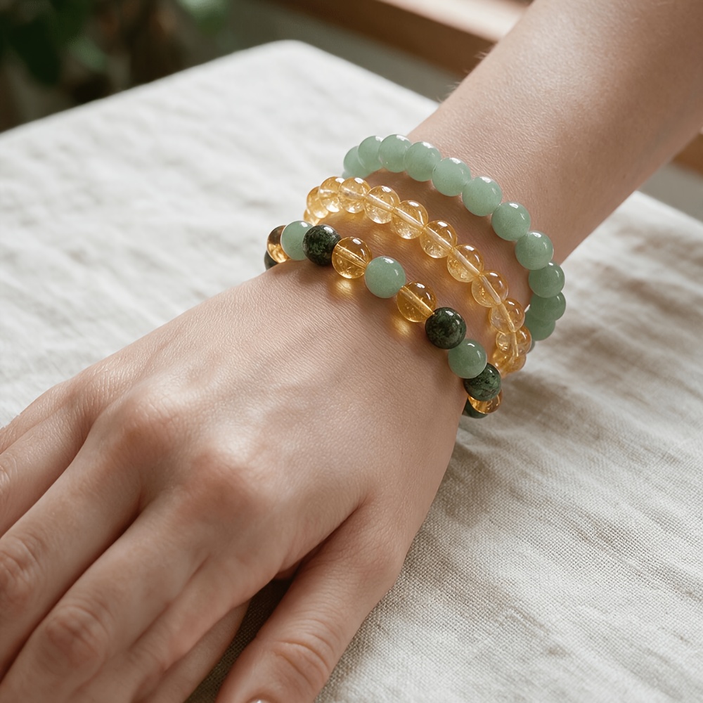 TEMU 3pcs Citrine Green Aventurine African Loose Bead Bracelet, Unisex Natural Stone Bracelet, Suitable For Daily Wear, Money, Wealth, And Good Luck