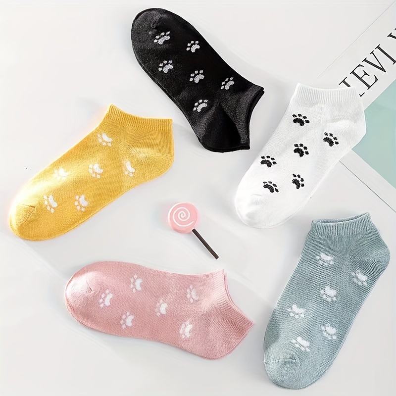 

5 Pairs Puppy Footprint Socks, Casual & Breathable No Show Ankle Socks, Women's Stockings & Hosiery