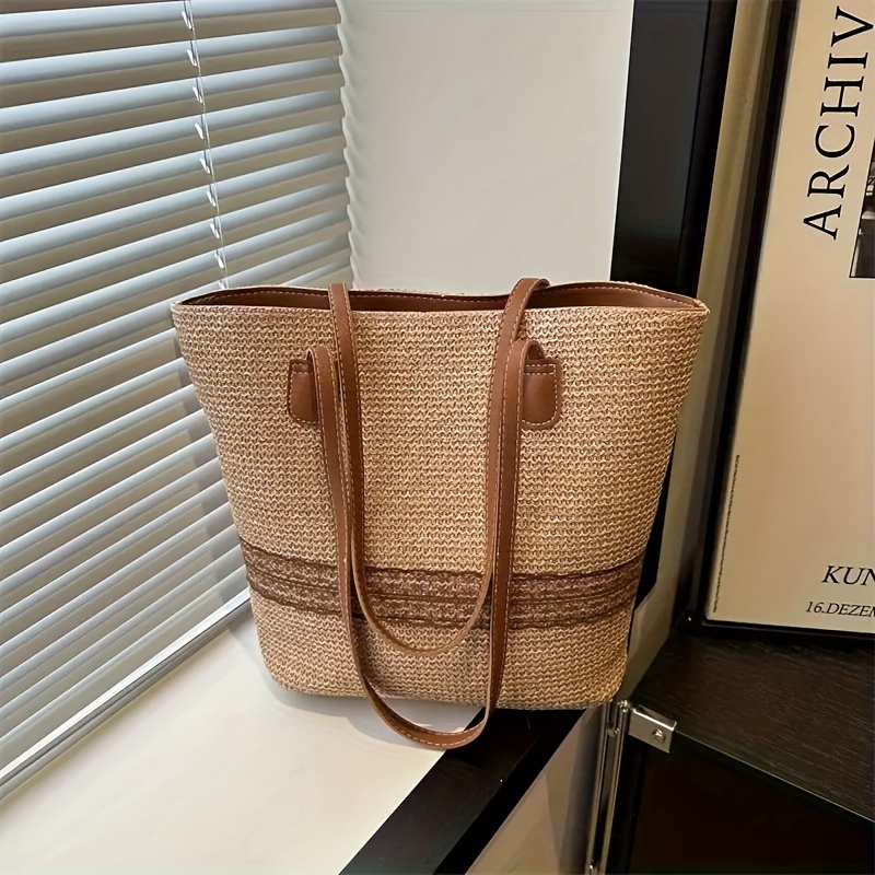 TEMU Bolso tote grande y elegante tejido a para mujer - Diseño de multimaterial, espacioso bolso de playa con correa de , para viajes y uso diario -