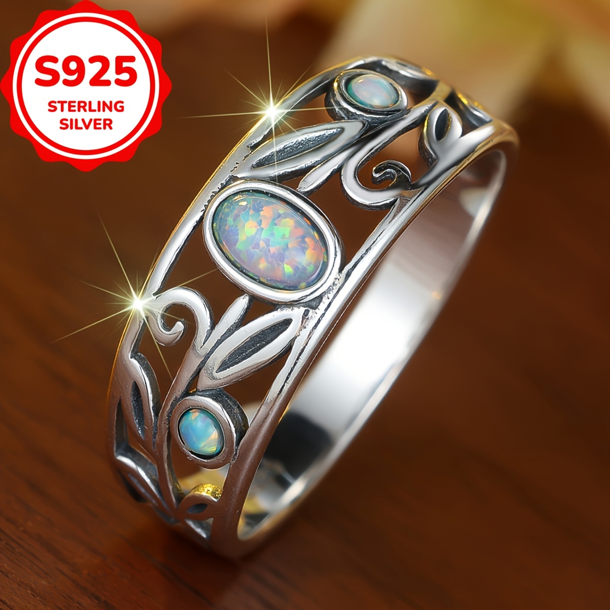 Image of A S925 Sterling Silver Retro Synthetic Opal Ring With A Victorian Style Suitable For Parties And Banquets To Wear 2.6g