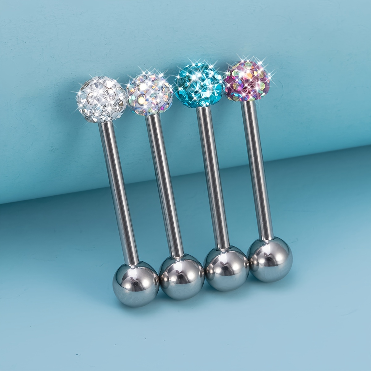 1/4pcs Tongue Piercing For Women Epoxy Synthetic Synthetic Zirconia Balls Tongue Rings Barbell Stainless Steel Fashion Body Jewelry 14 Gauge