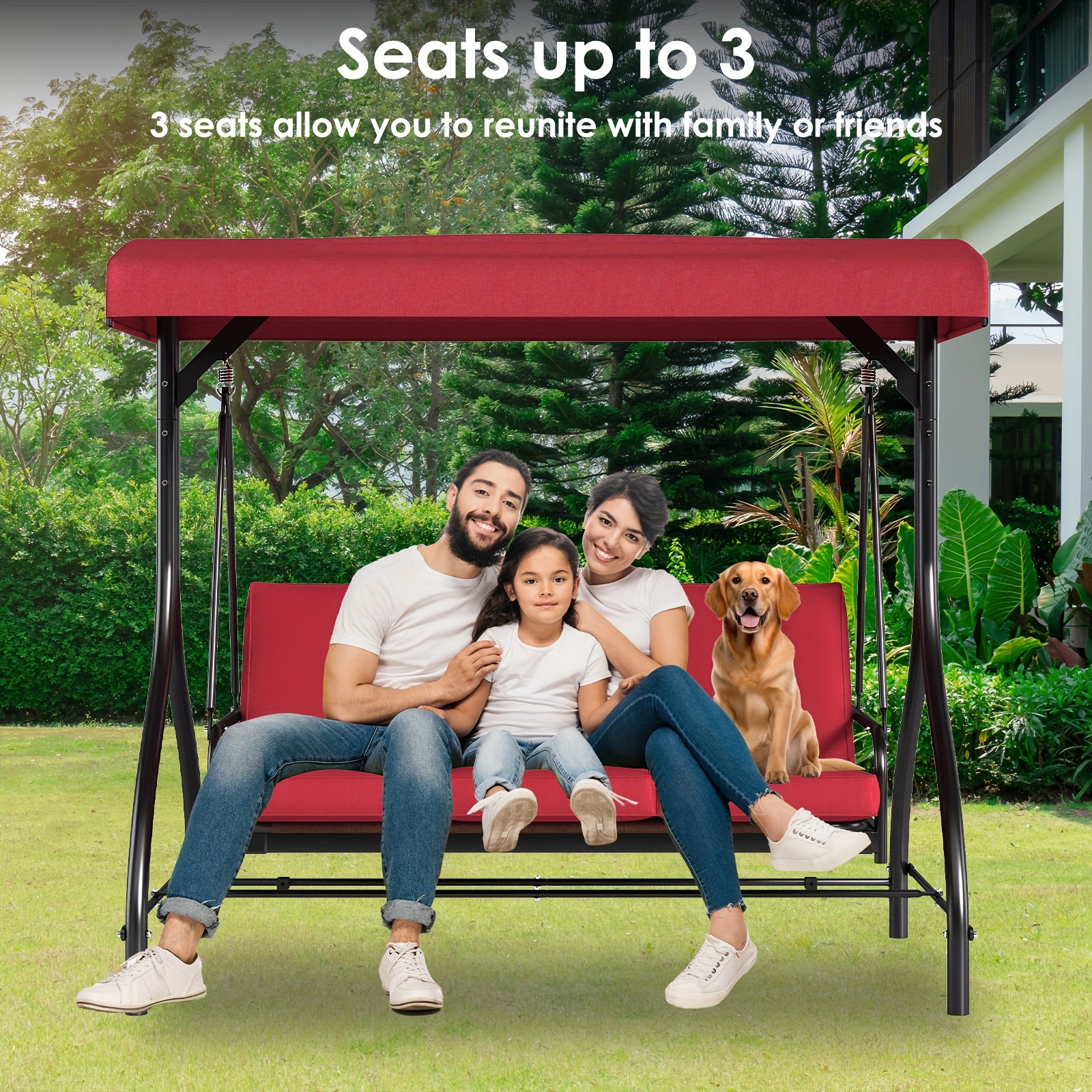 3 Person Patio Porch Swing Outdoor Converting Swing Glider Hammock with Adjustable Canopy, Cushions for Outside Backyard, Garden (Pillow Not Included)