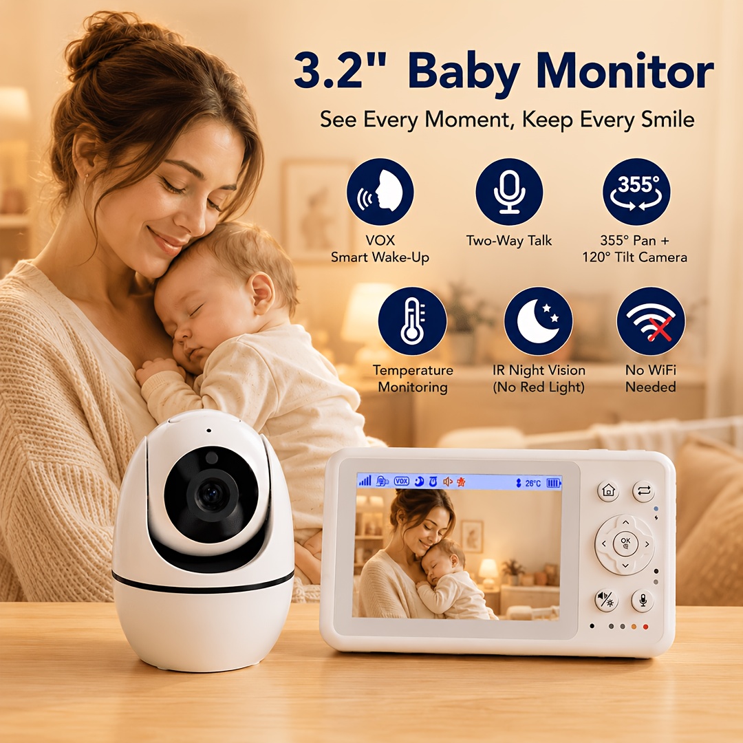 foto e artikullit monitor video 720p me ekran lcd 3.2, kamerë ptz e rrotullueshme, 2.4g wireless, pa wifi & app, zbulim i qarjeve vox, bisedë dykahëshe, shikim i natës me   të kuqe, alarm temperature në kohë reale, 5 kolëde të integruara, perfekte për prindërit modernë që kujdesen