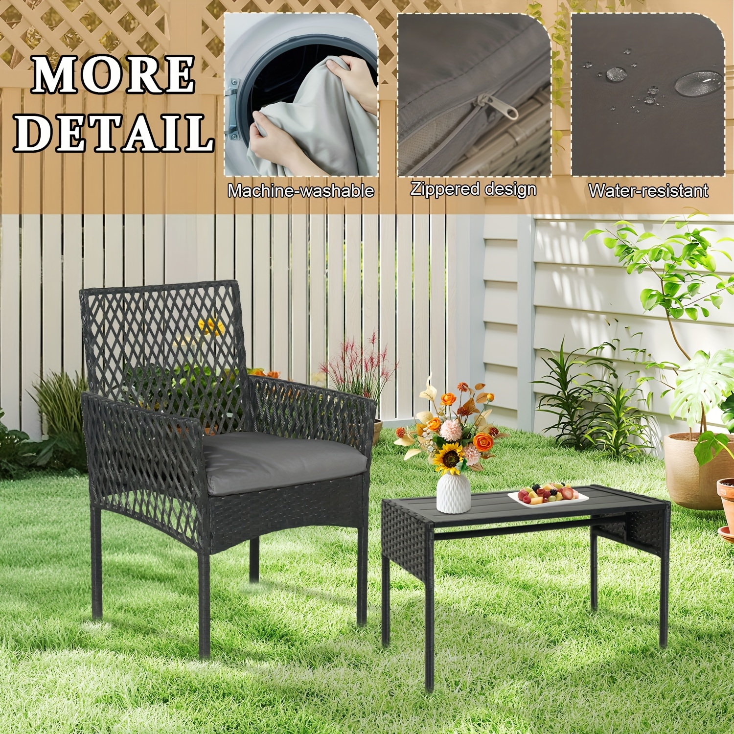 8pcs Patio Furniture Set, Outdoor Rattan Chairs Rattan Conversation Sets with Cushions And Coffee Table for Porch Garden Poolside Backyard, Black- Patio Furniture Outdoor