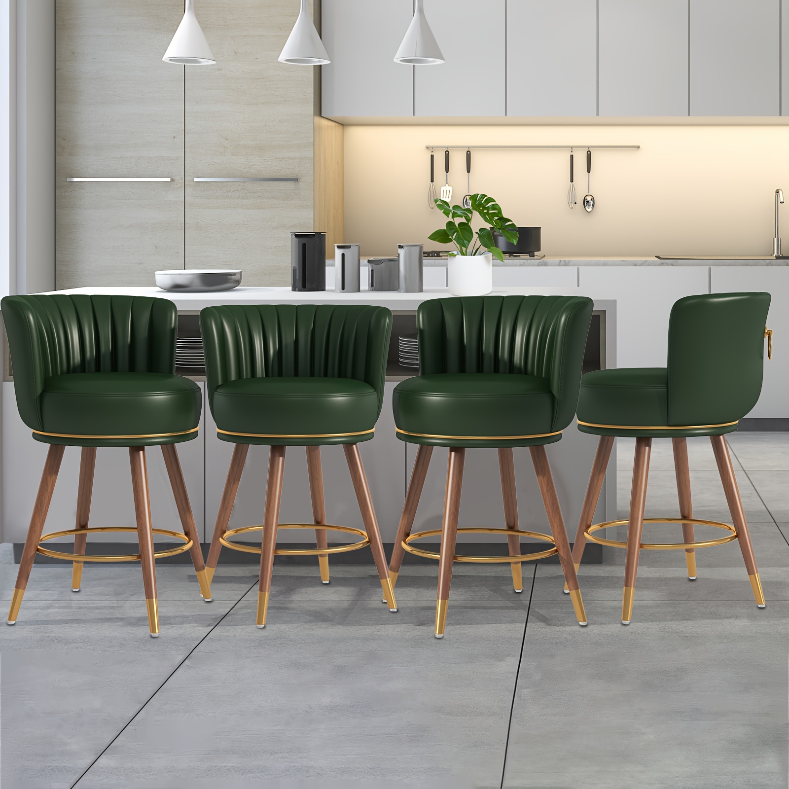 

27" Swivel Bar Stools Set Of 4, Counter Height Bar Stools With Back, 360 Swivel Bar Chairs With Gold Footrest, Upholstered Green Bar Stool For Kitchens Island, Rustic Bar, 300lbs