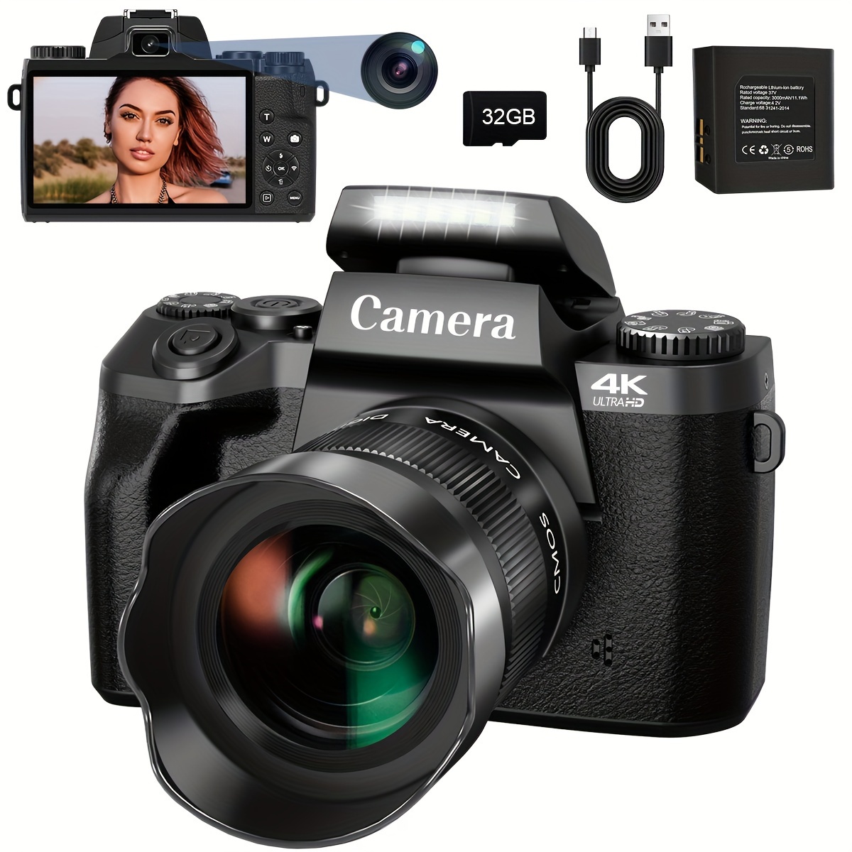 

Digital Camera, 4k Cameras For Photography & Video, 64mp Screen Vlogging Camera For With Flash, 32gb Sd Card, Lens Hood, 3000mah Battery, Front And Rear Cameras