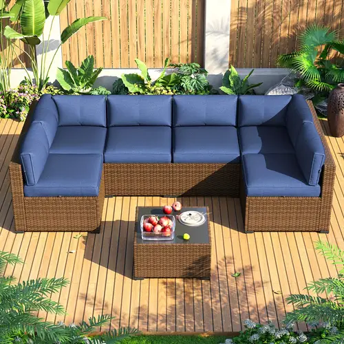 7pcs outdoor patio furniture ensemble with plush thick cushions this wicker outdoor conversation sectional sofa set ideal for backyards pool sides and gardens free shipping