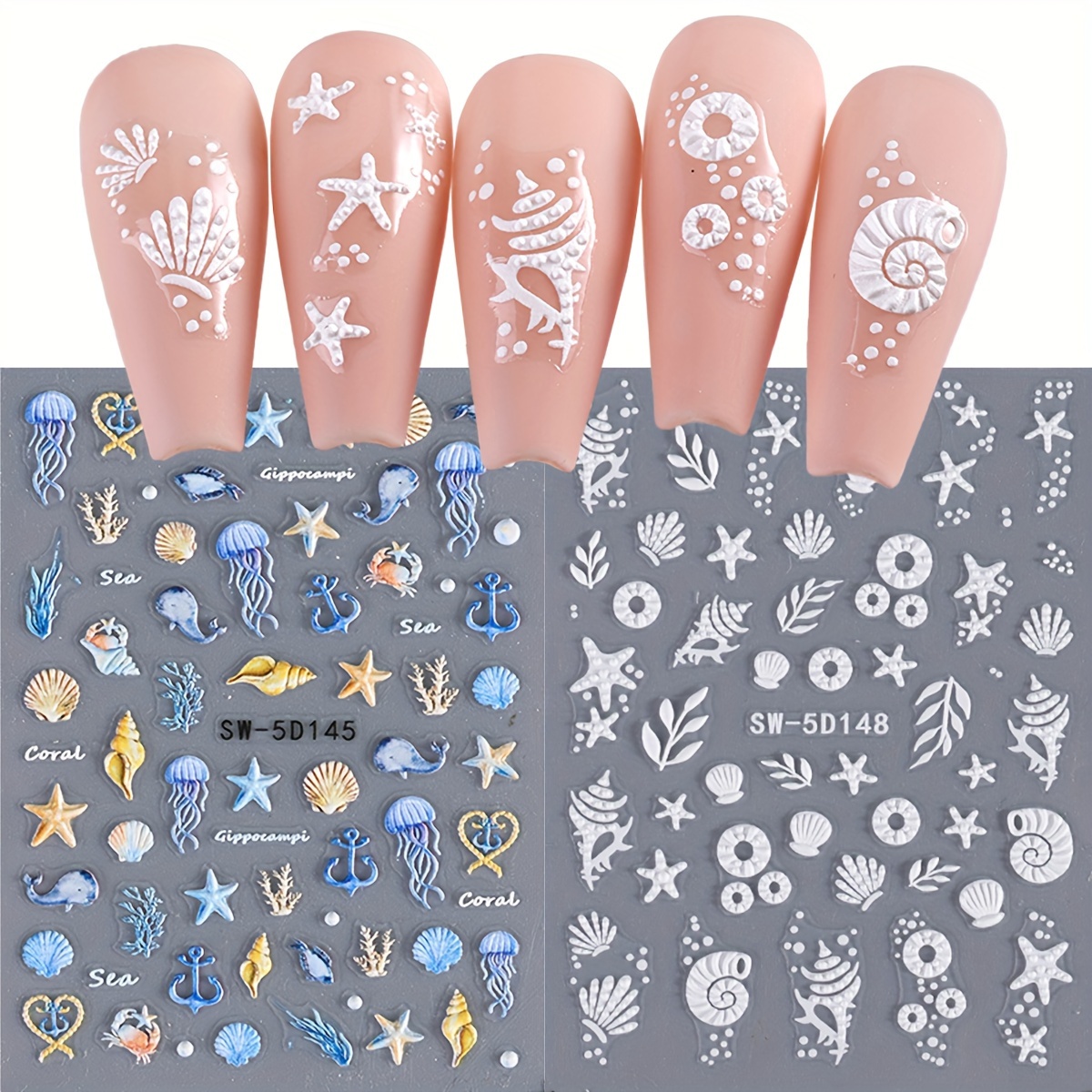 

Ocean-inspired 5d Nail Art Stickers - Starfish & Shells, Self-adhesive Decals For Diy Manicure