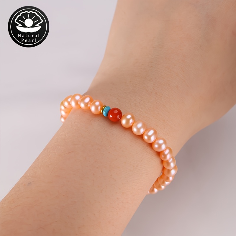 Orange Pink Freshwater Pearls Bracelet with Agate Accents