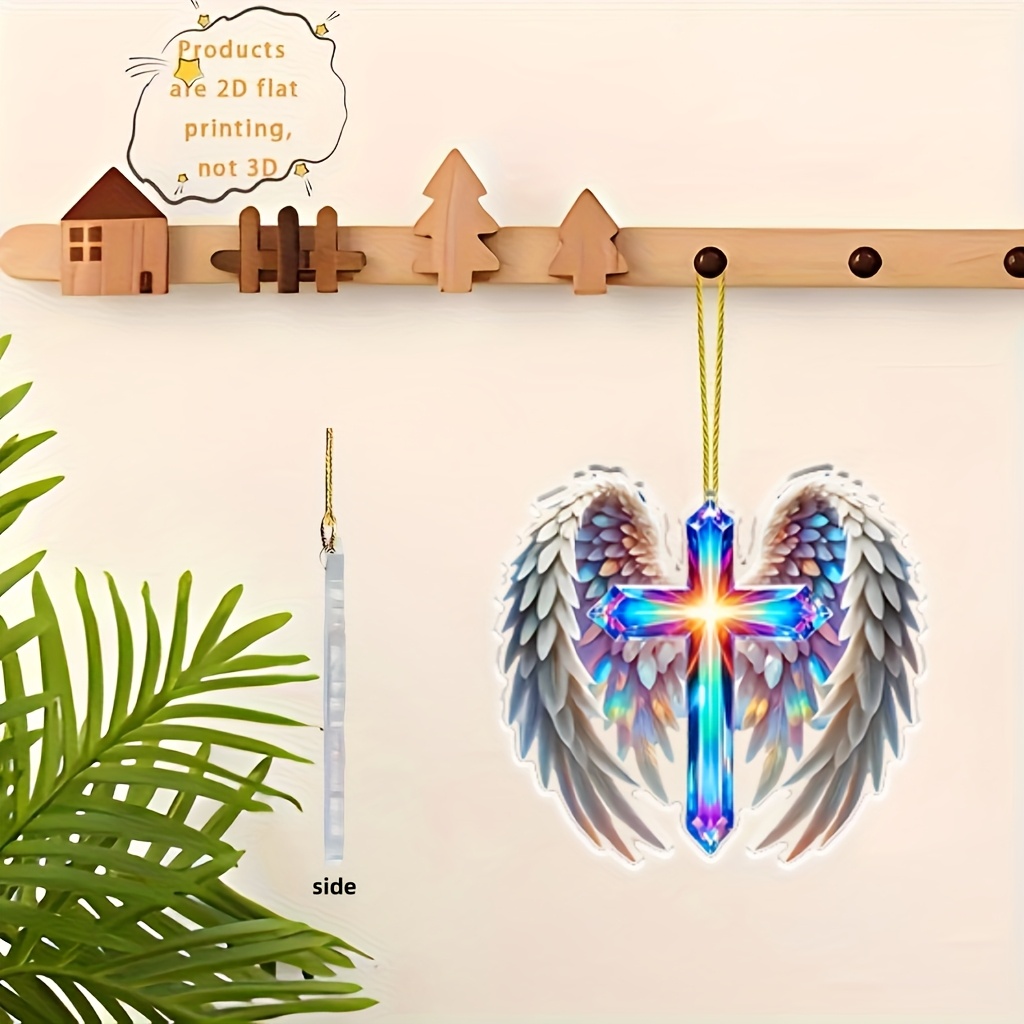 2D Flat, Angel Wings and Cross Car Hanging Ornament