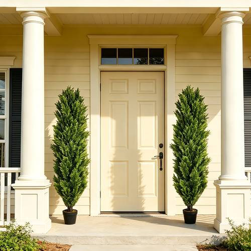 2 pack modern cedar topiary trees uv resistant low maintenance faux greenery for outdoor indoor decor for patio