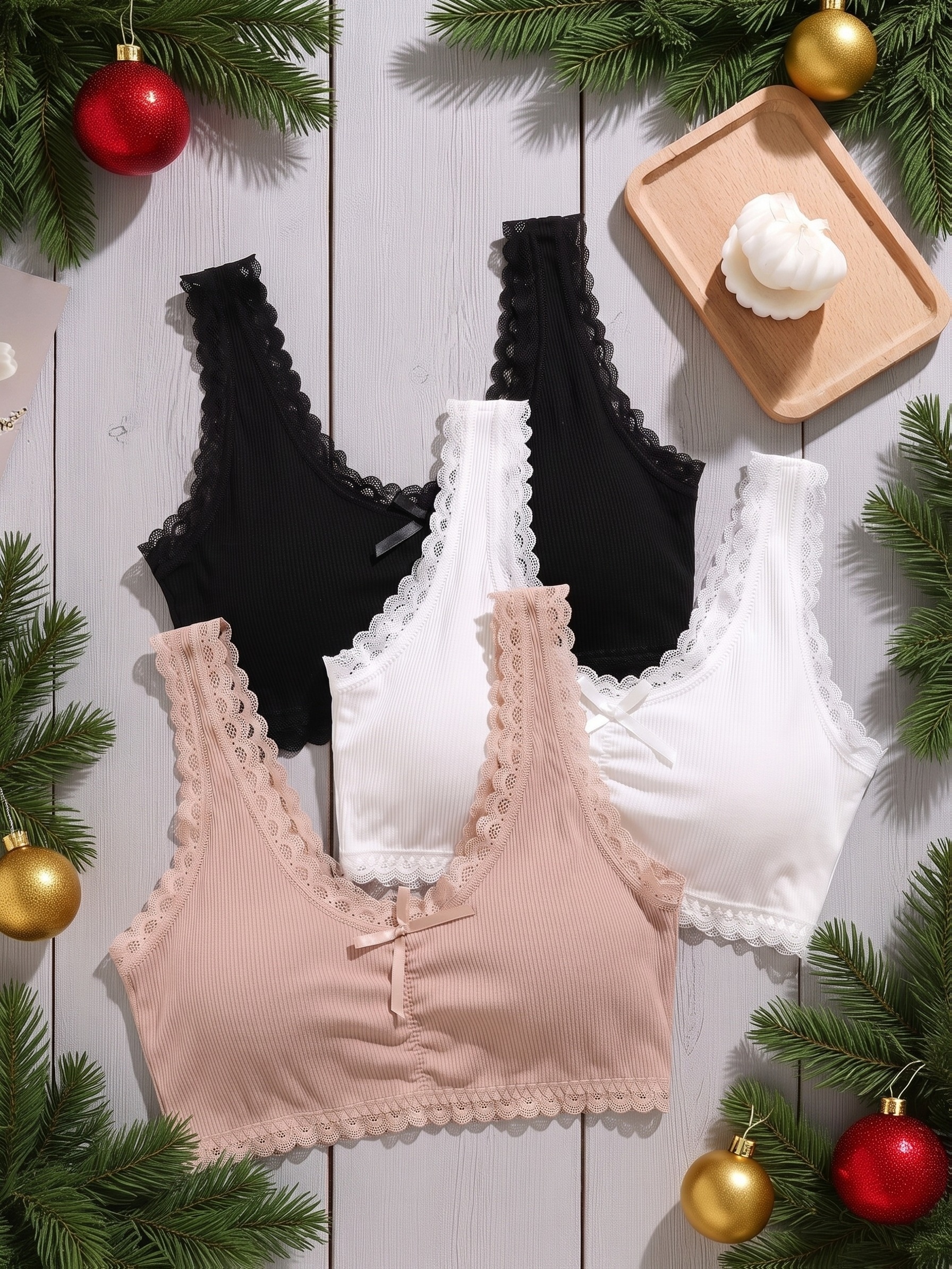 Women's 3pc Lace Sports Bra Set, Bow Neckline Design