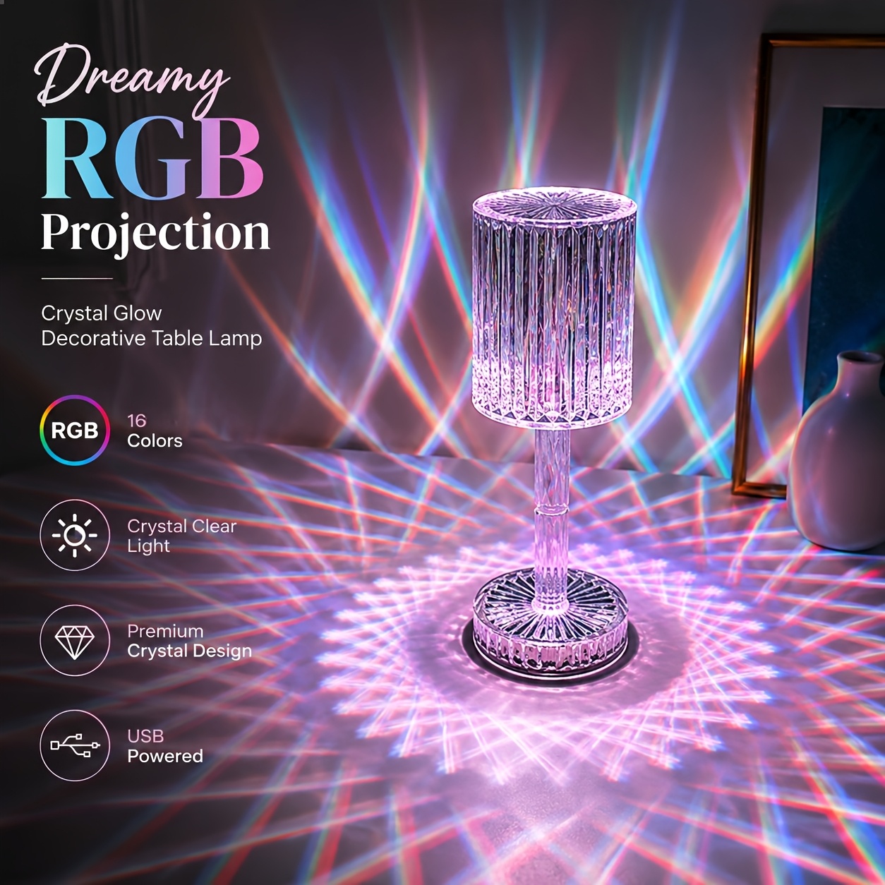 16 color rgb changing mode crystal table lamp linear ambient lighting touch control usb charging portable night light suitable for bedroom bedside tables living rooms dining rooms dressing tables game rooms and offices Product details 1