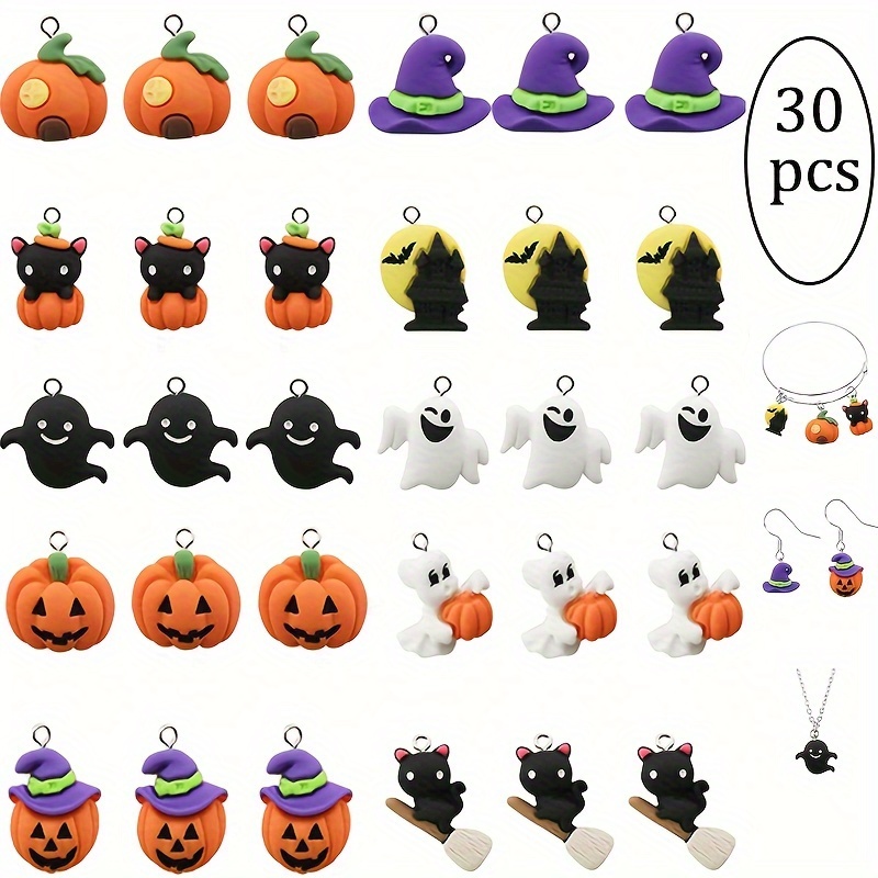 

30 Pcs Resin Charms Set - Pumpkin, , Hat, Bat Pendants For Diy Jewelry Making - Necklace, Bracelet, Earring Crafting Kit - Cute Seasonal Gift Accessories