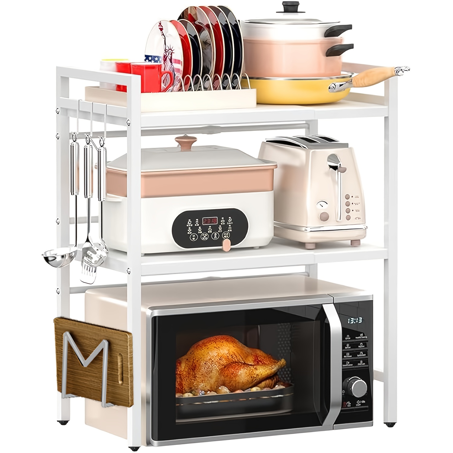 Étagère à micro-ondes extensible à 2/3 niveaux, support en acier au carbone avec 4 crochets, équipée d'un porte-bâtonnets, d'un support pour planche à découper, d'un support de rangement de cuisine, d'un rangement et d'une organisation de cuisine, d'un support à pain, réglable de 40 à 64 cm (noir, blanc)