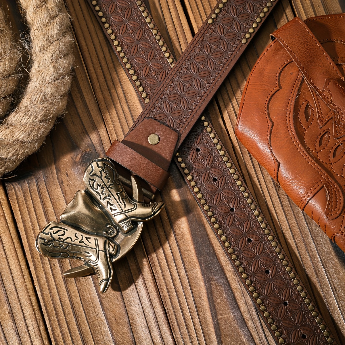 Image of Western Cowboy Style Vintage Belt With Golden-tone And - Leather, Brown, Men, Women, And Teens, Cowboy Accessories