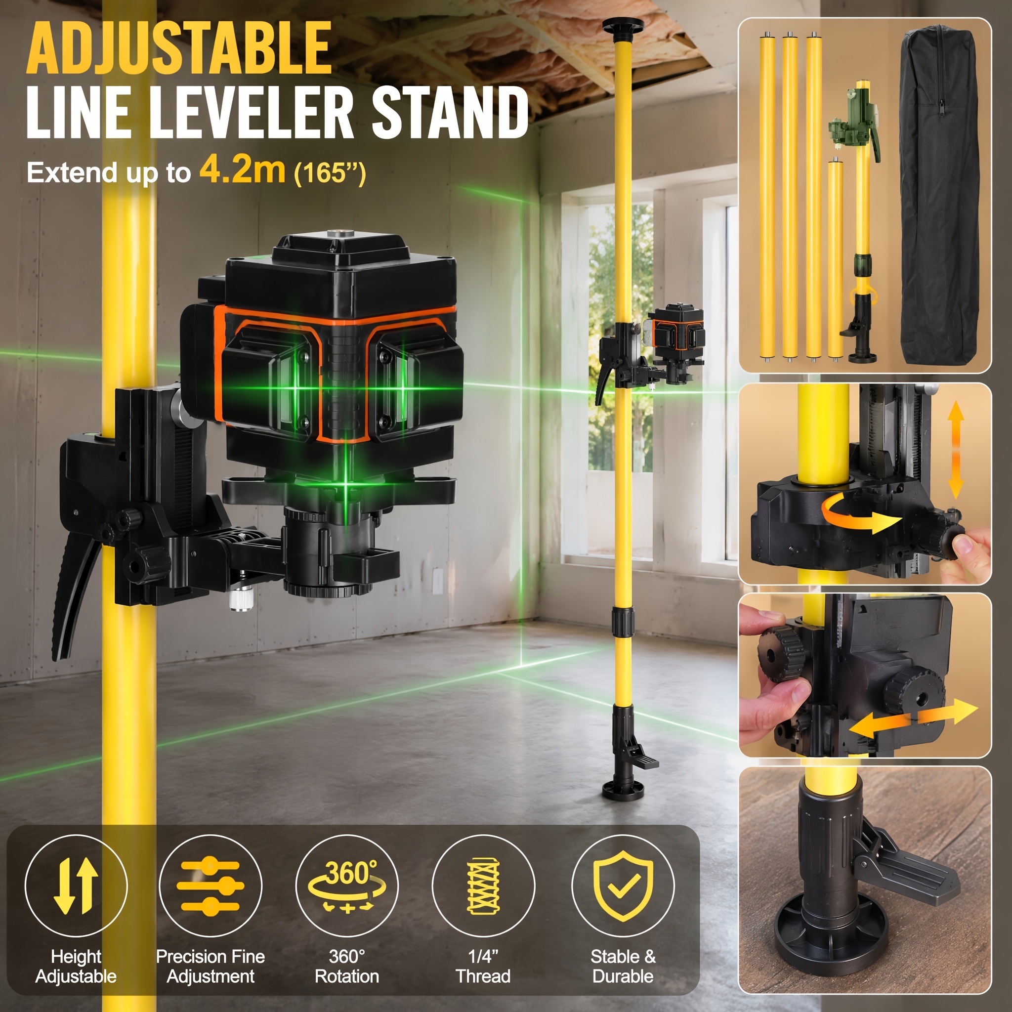 Image of Heavy-duty Adjustable Tripod Stand For Spirit Levels, .2m Telescopic Pole With 1/4" Thread, 8cm Fine-tuning & Non-slip Base, Bubble Level Included (contractors, Home Renovation)