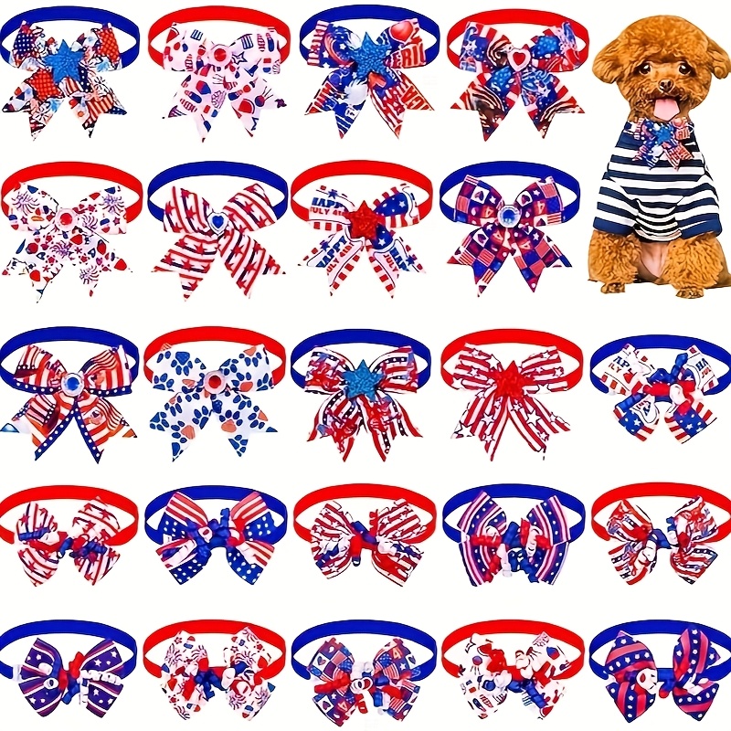 TEMU 30pcs Dog Bow Tie Collar, Pet Bow Tie, Adjustable Star Stripe Collar, Patriotic Memorial Day Pet Bow Tie