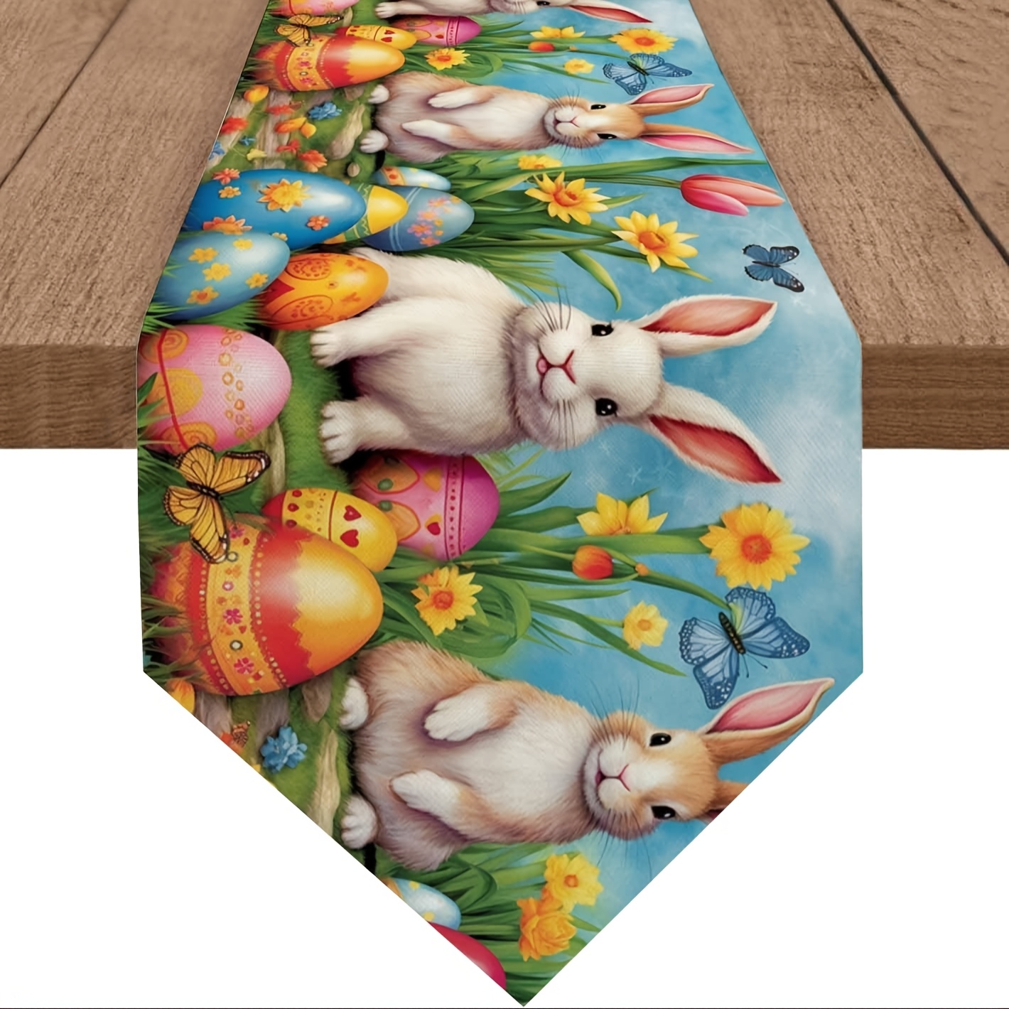 Image of 1pc, Easter Table Runner For Kitchen Dining Room Buffet, Bunny Eggs Colorful Spring Floral Watercolor Dresser Scarves Tablecloth For Cafe Indoor Outdoor Home Parties, Fireplace Decor