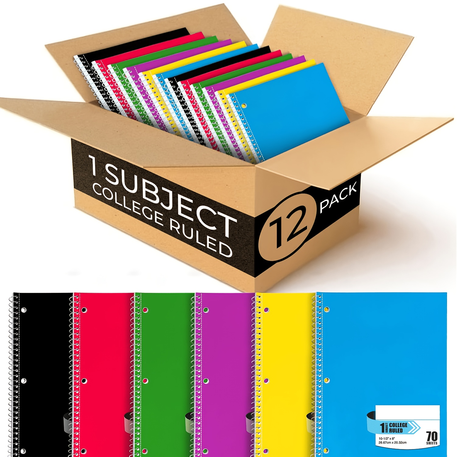 TEMU 6/12 Pack Spiral Notebooks, 8" X 10.5", 70 Sheets Subject Notebook, 7.14mm College , 3-hole With Perforated Edge, 6 Assorted Colors For School,