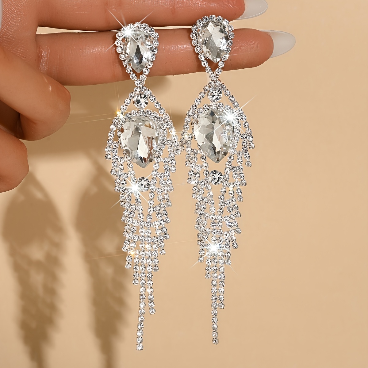 TEMU Boucles d'oreilles longues magnifiques et élégantes avec pompons et strass pour femme, accessoires d'oreilles scintillants pour banquets, et