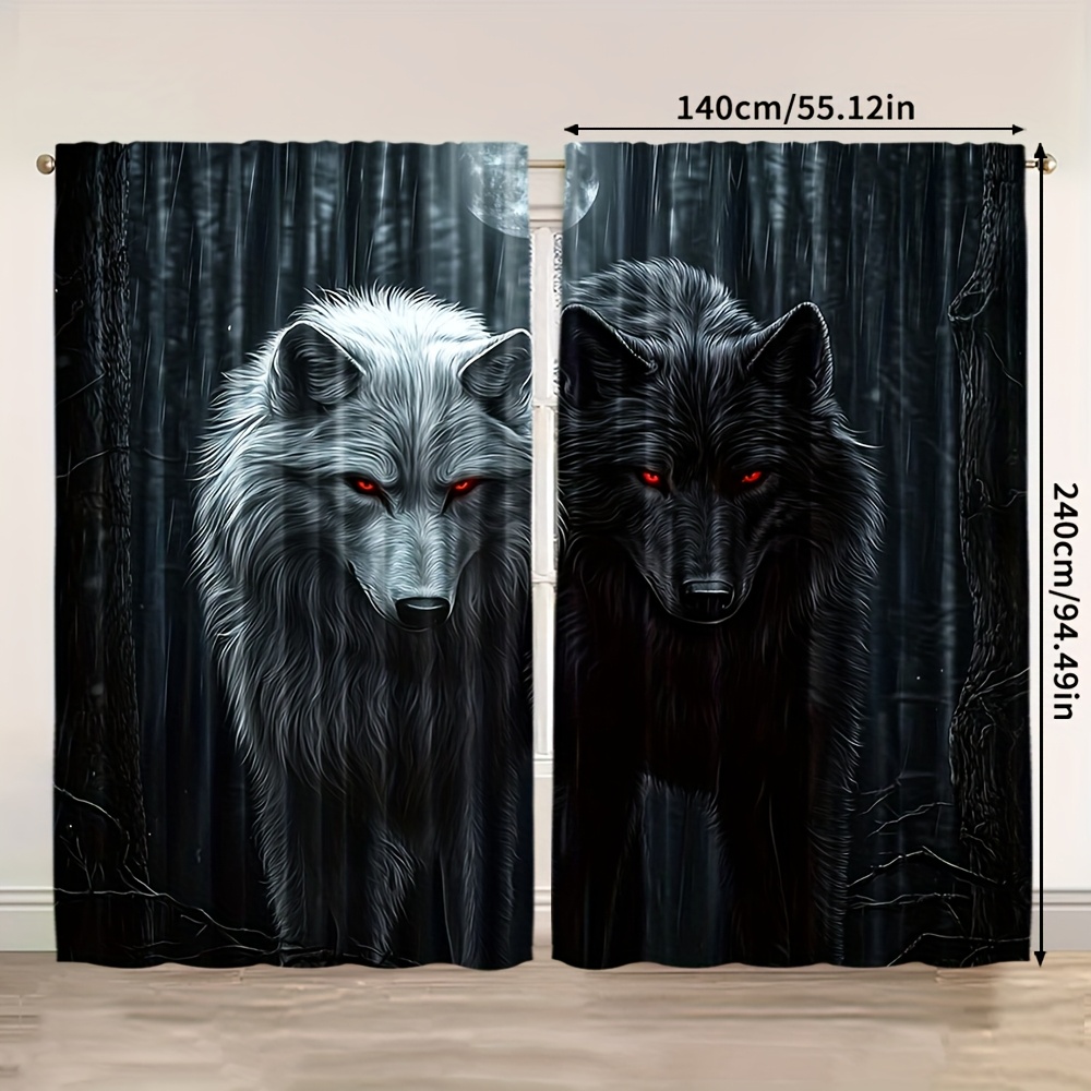 TEMU 2d Flat, 2pcs, 2d Flat Printing Popular Curtains 2d Wolf Machine Washable Fabric (without Rod,no Movement, No Battery) Decorations For Living