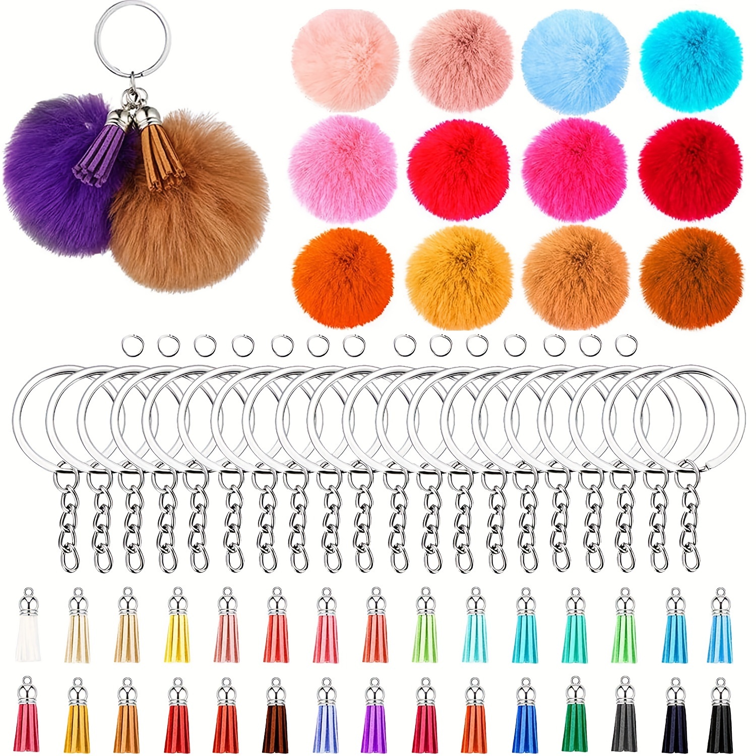 

150pcs Color Hairball Keychain Kit With Keychain Ring Artificial Leather Tassel Open Diy Valentine's Day Party Gifts