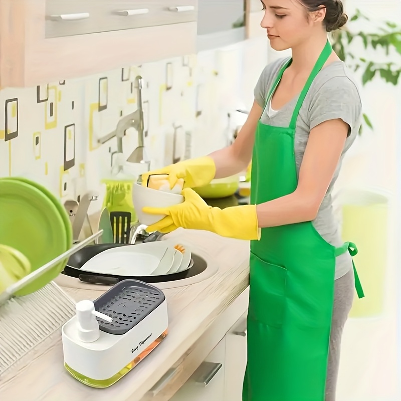 Dispensador de jabón de presión con cepillo de limpieza, para fregadero de cocina, esponja de limpieza multisuperficie, de almacenamiento de detergentes. 7